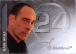 Headshot of Nestor Serrano on Twenty Four Season 3 Trading Card against metallic background