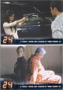 Split-screen of two thrilling scenes from 24 in Twenty Four Season 4 Trading Cards