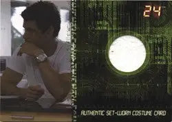 Costume card featuring circular fabric swatch of Carlos Bernard as Tony Almeida