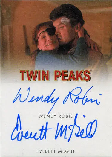Autographed Twin Peaks card featuring Wendy Robie and Everett McGill in an embrace