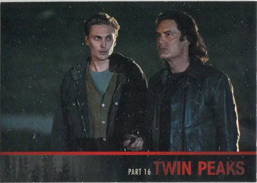 Two men in dark clothing against a shadowy background for Twin Peaks Limited Series Event