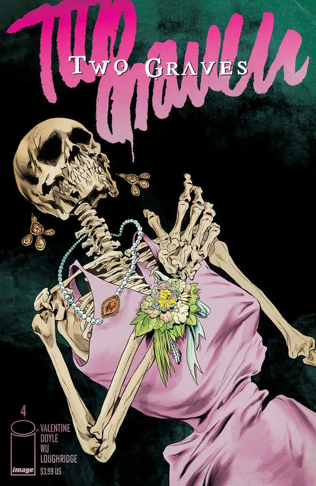 Skeleton in a pink shirt holding flowers and a knife for Two Graves #4 Cover B Doyle