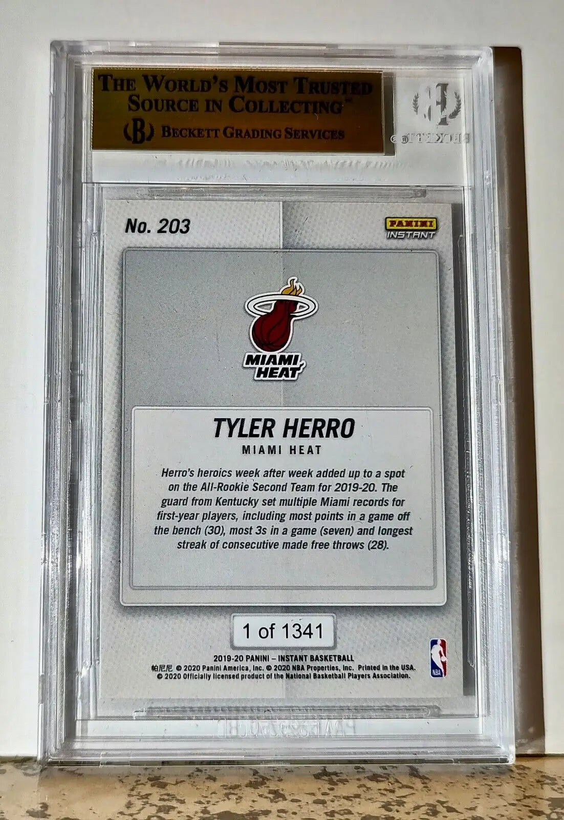 Tyler Herro 2019-20 Panini NBA #203 Rookie Basketball 1 of 1341 BGS 9.5 Gem Heat - Basketball Card Single