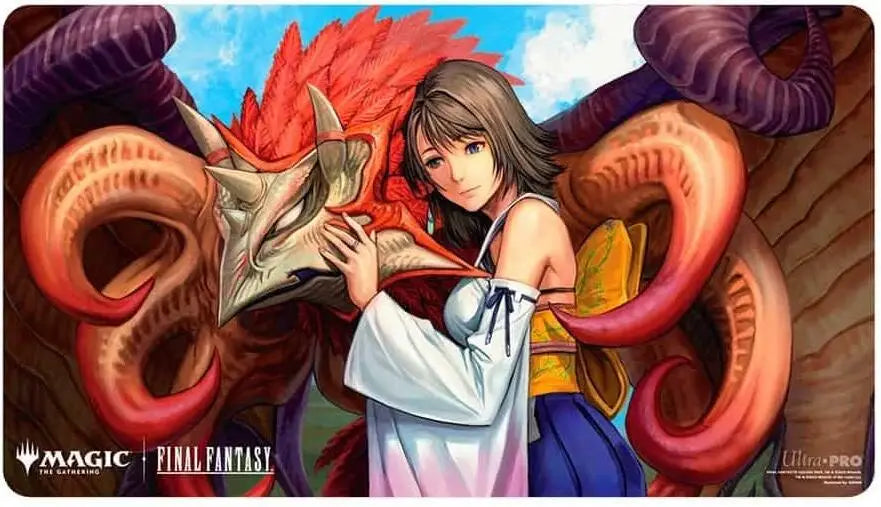 Final Fantasy playmat featuring Yuna embracing a winged creature with non-slip rubber backing