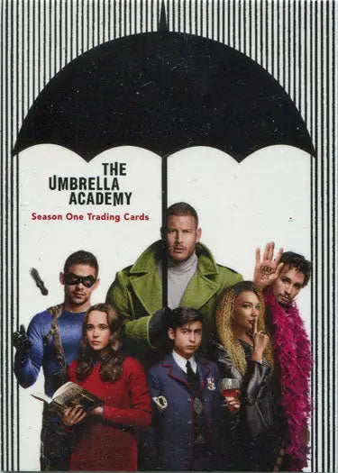Trading card featuring Umbrella Academy characters under a black umbrella silhouette