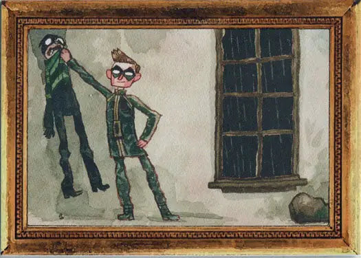 Framed painting of two figures by a window from Umbrella Academy Museum Chase Card M2