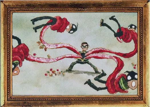 Surreal painting of figures with red ribbons in dynamic poses for Museum Chase Card M4