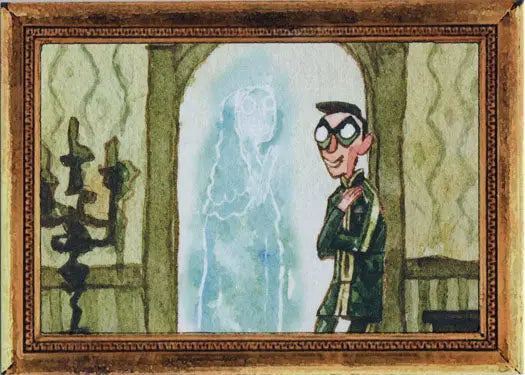 Framed painting of cartoon character and ghost in Umbrella Academy museum chase card