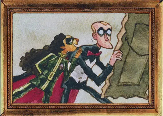 Framed cartoon illustration of characters from Umbrella Academy museum chase card M6