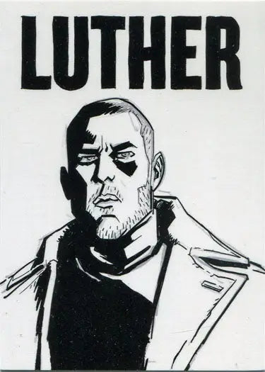 Black and white sketch portrait of stern man LUTHER from Umbrella Academy trading cards