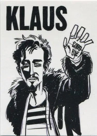 Black and white sketch of a man waving with BYE BYE on his palm from Umbrella Academy trading cards