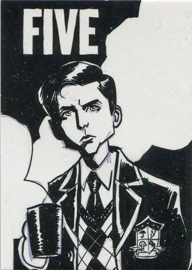 Black and white illustration of a young man in Umbrella Academy uniform with mug and FIVE