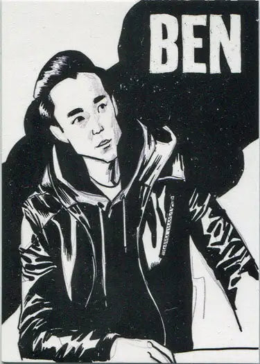 Black and white illustration of Ben from Umbrella Academy on trading card Q6