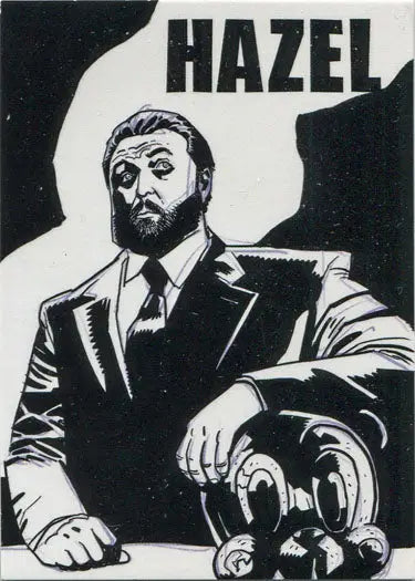 Black and white illustration of Hazel from Umbrella Academy on a trading card