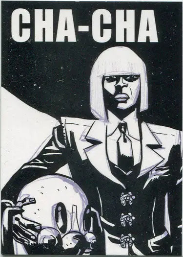 Stylized black and white illustration of Umbrella Academy character Cha-Cha holding robotic head
