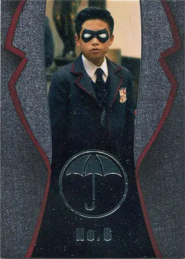 Young boy in a dark suit and domino mask with umbrella logo on Umbrella Academy chase card