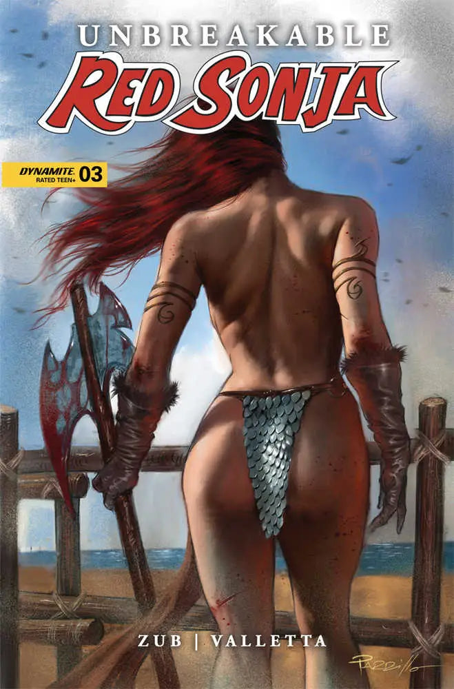 Comic book cover of Red Sonja #3 features a scantily-clad warrior woman with red hair