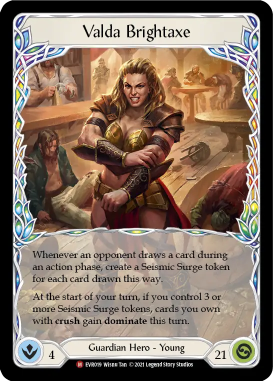 Valda Brightaxe 1st Edition Normal trading card featuring a powerful muscular woman