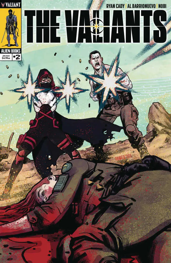 Comic book cover of Valiants 2024 #2 showing characters battling with energy blasts, ideal for trading card collectors