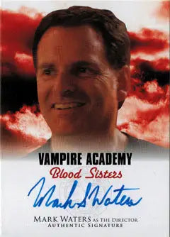 Autographed trading card of Mark Waters Director against a red cloudy background