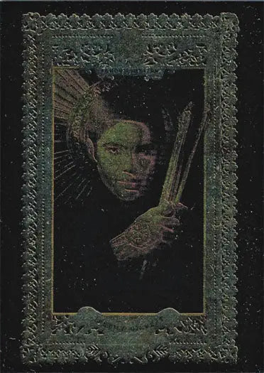 Metallic parallel chase card featuring dark portrait of person holding sword in Vampire Diaries