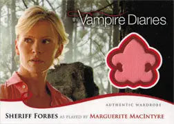 Trading card of Marguerite MacIntyre in red top with Vampire Diaries background