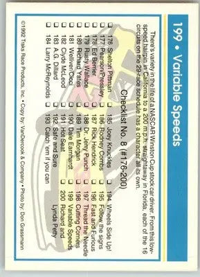 Variable Speeds - 1992 Traks - #199 - Racing - Racing Card Single