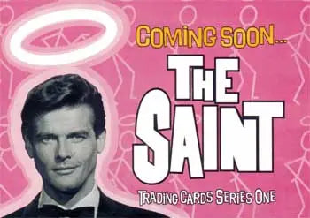 Promotional poster for The Saint trading cards featuring a suited man with a halo