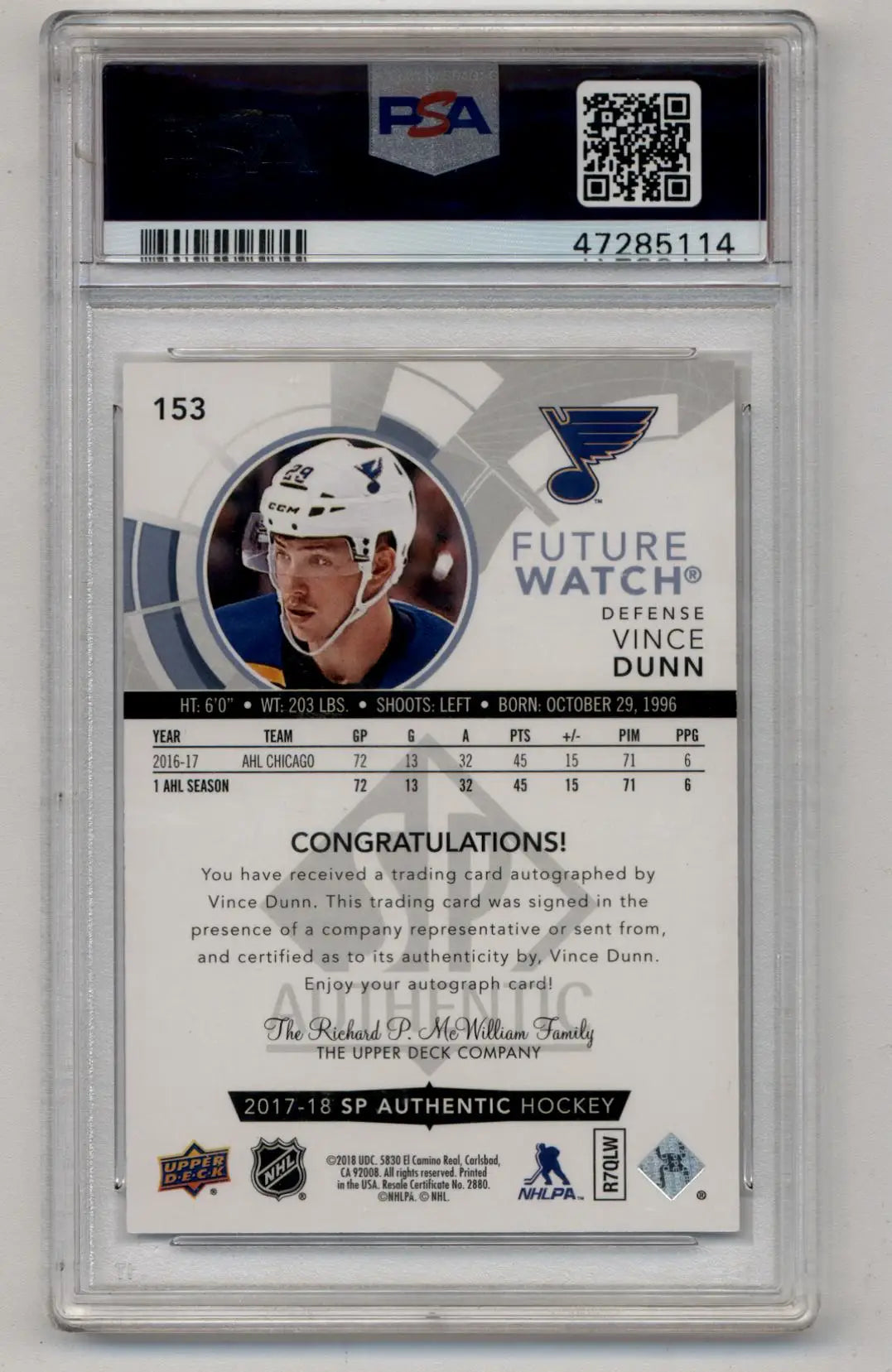 Vince Dunn 2017-18 SP Authentic Auto Inscription 018/999 PSA 10 Gem Mint - Hockey Card Single
