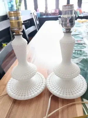 Vintage Set(2)Fenton Milk Glass Hobnail Table Boudoir Light Lamps W/Shades 11” - Other