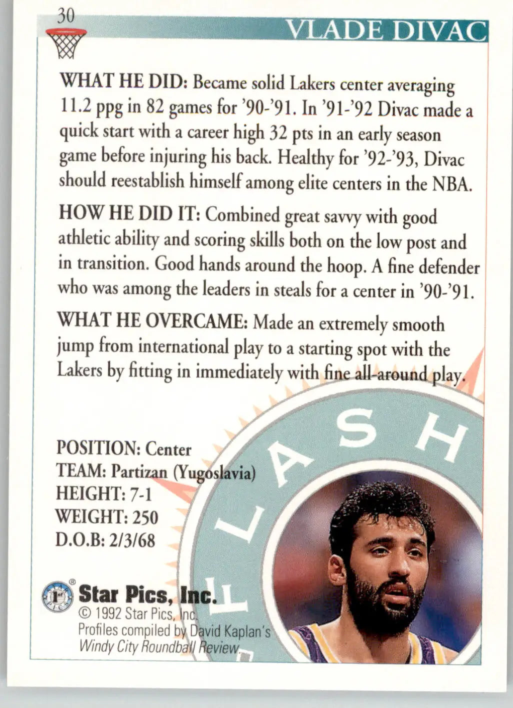 Vlade Divac - 1992 Star Pics - #30 - Basketball - Basketball Card Single