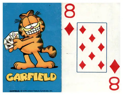 Vintage Garfield playing card from 1978 featuring Garfield playing with diamonds