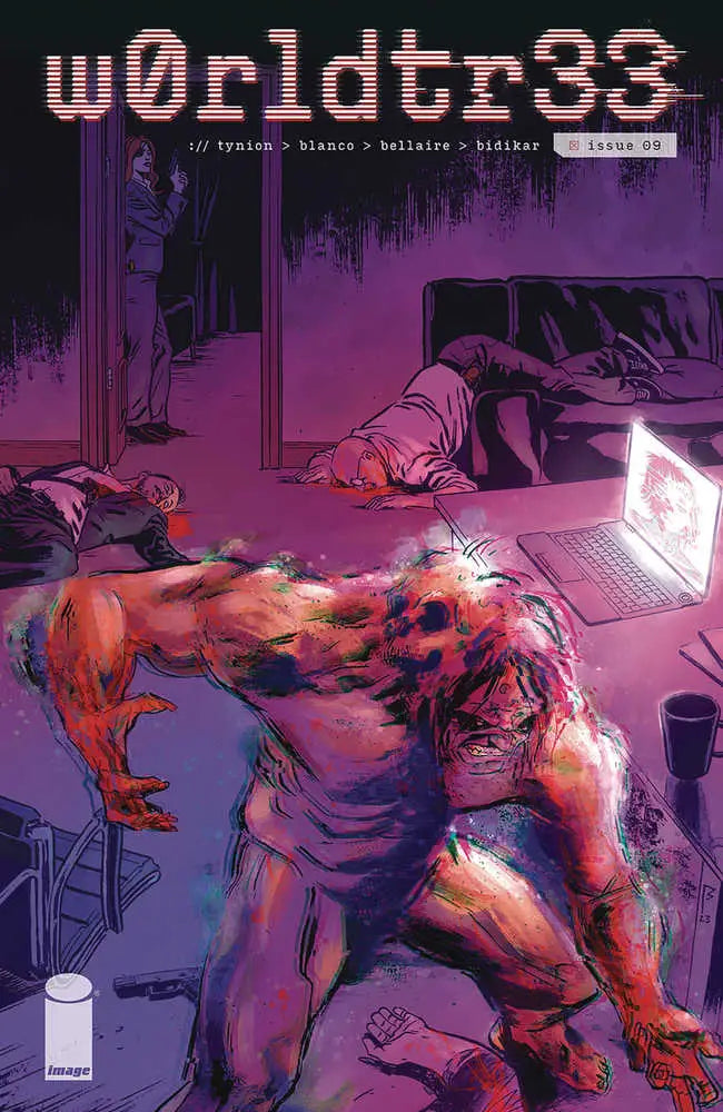 Comic book cover for W0rldtr33 #9, featuring a figure over a glowing laptop in purple light