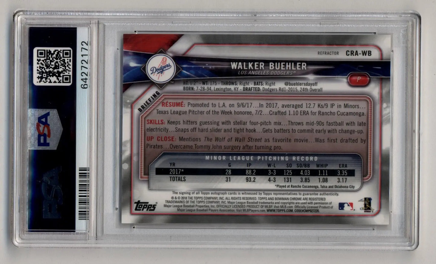 Walker Buehler 2018 Bowman Chrome Rookie Auto Refractor 215/499 PSA 9 Mint - Baseball Card Single