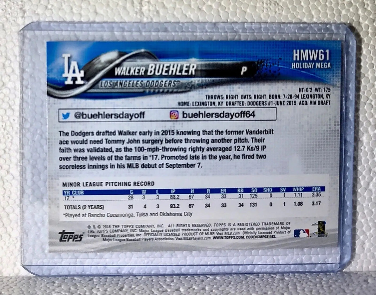 Walker Buehler 2018 Topps MLB #HMW61 Rookie Baseball Card Los Angeles Dodgers