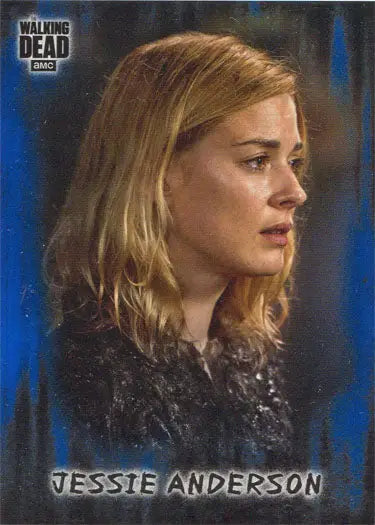 Profile view of a serious blonde woman on a blue parallel card against a dark background