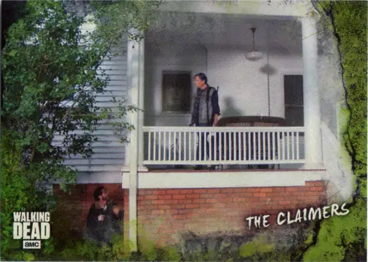 White-painted wooden house with porch in Walking Dead trading card series design