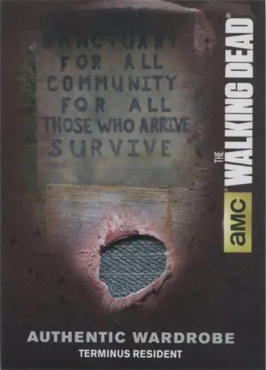 Trading card featuring a torn fabric swatch from The Walking Dead Terminus Resident