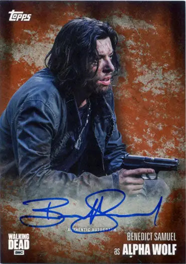 Autograph card of Benedict Samuel as Alpha Wolf on a vibrant orange background
