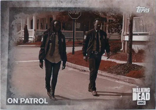 Two people walking on a street with a stop sign in Walking Dead Sepia Parallel Base