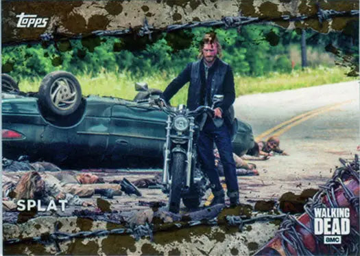 Man by motorcycle in debris, featured in Walking Dead Season 7 chase card