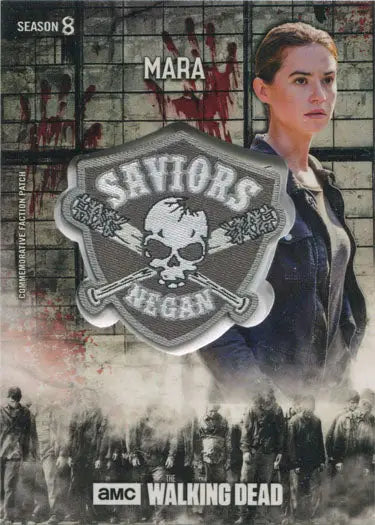 Promotional poster for The Walking Dead featuring Saviors faction patch card design