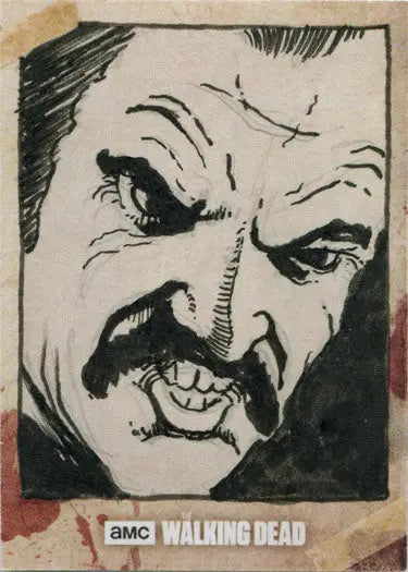Sketch card featuring a grimacing man’s face from Walking Dead Season 8 by Bruce Gerlach