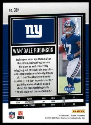 Wan’Dale Robinson Rookie 2022 Score #384 New York Giants - Football Card Single