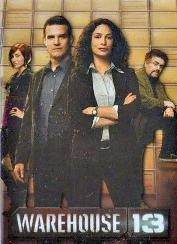 Promotional poster for Warehouse 13 featuring cast members on a box topper chase card