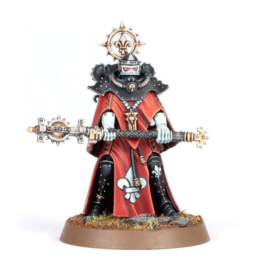 Miniature Sister Dogmata figurine from Warhammer 40k Adepta Sororitas with mace and red cloak