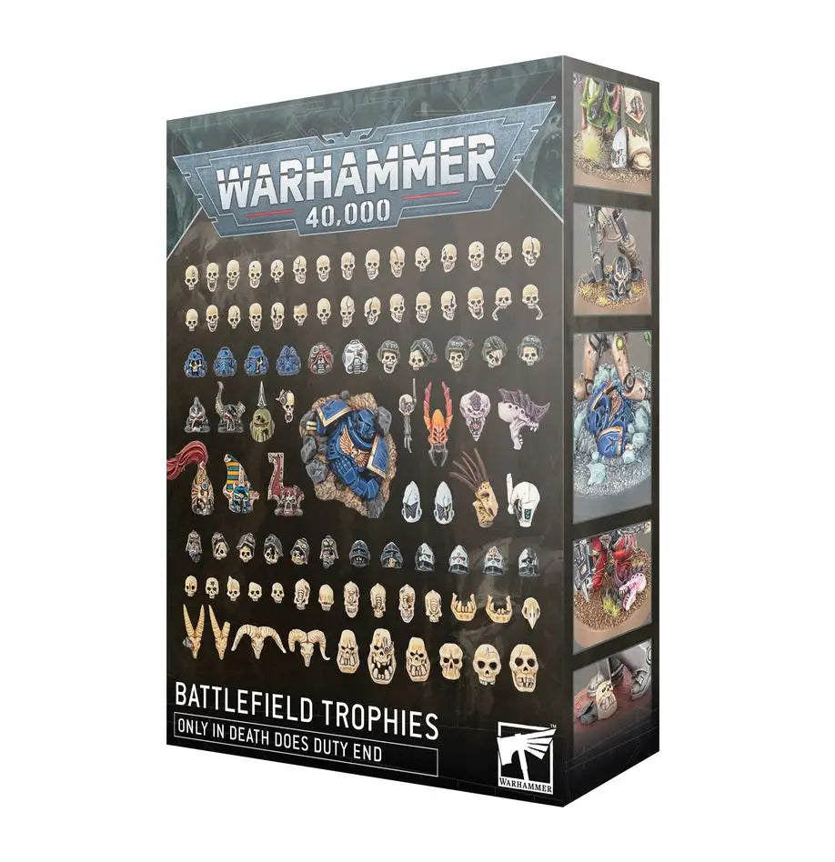 Warhammer 40k Battlefield Trophies box featuring helmeted heads and human skulls