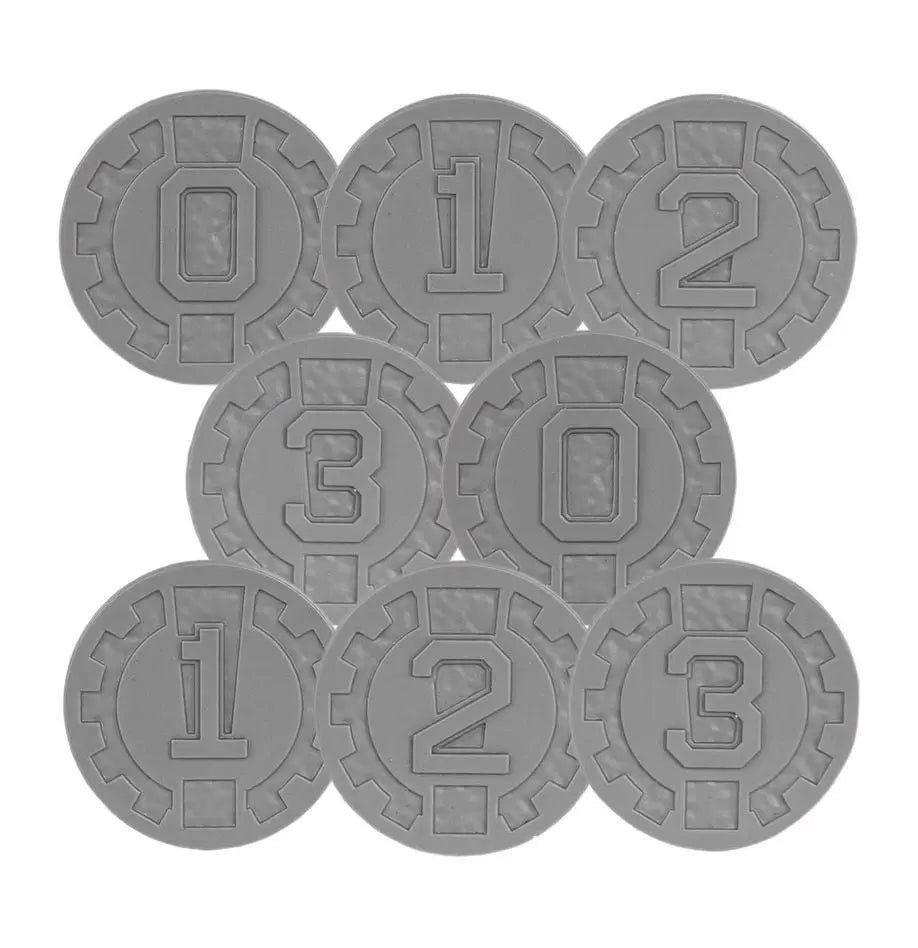 Gray tactical status tokens with raised numbers and gear-like border for Warhammer AGE OF DARKNESS