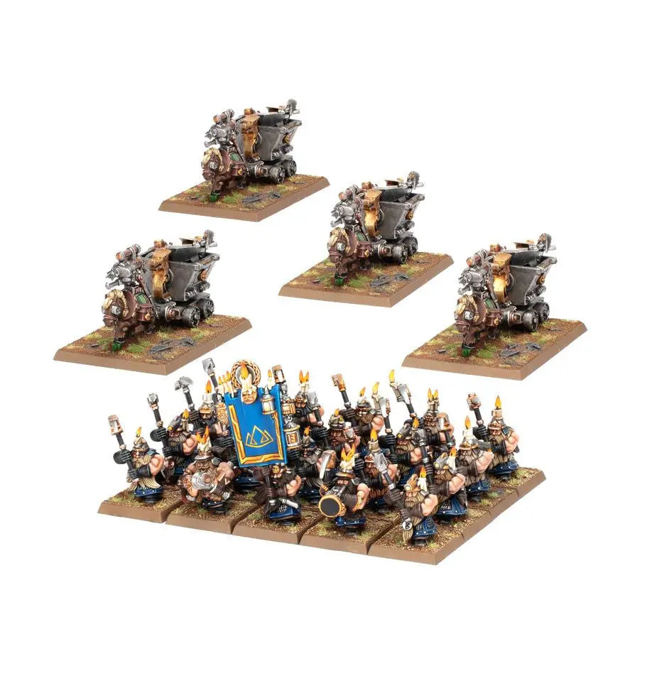 Dwarf army unit with artillery and infantry in Warhammer Dwarfen Mountain Holds expansion