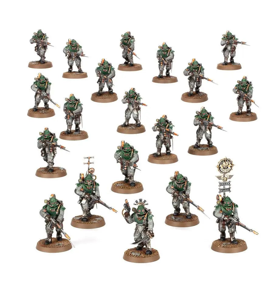 Miniature green-armored Solar Auxilia soldiers from Warhammer HORUS HERESY Tactical Command Section